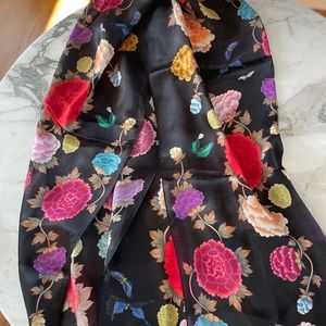 Black Floral Silk Scarf, Brand New